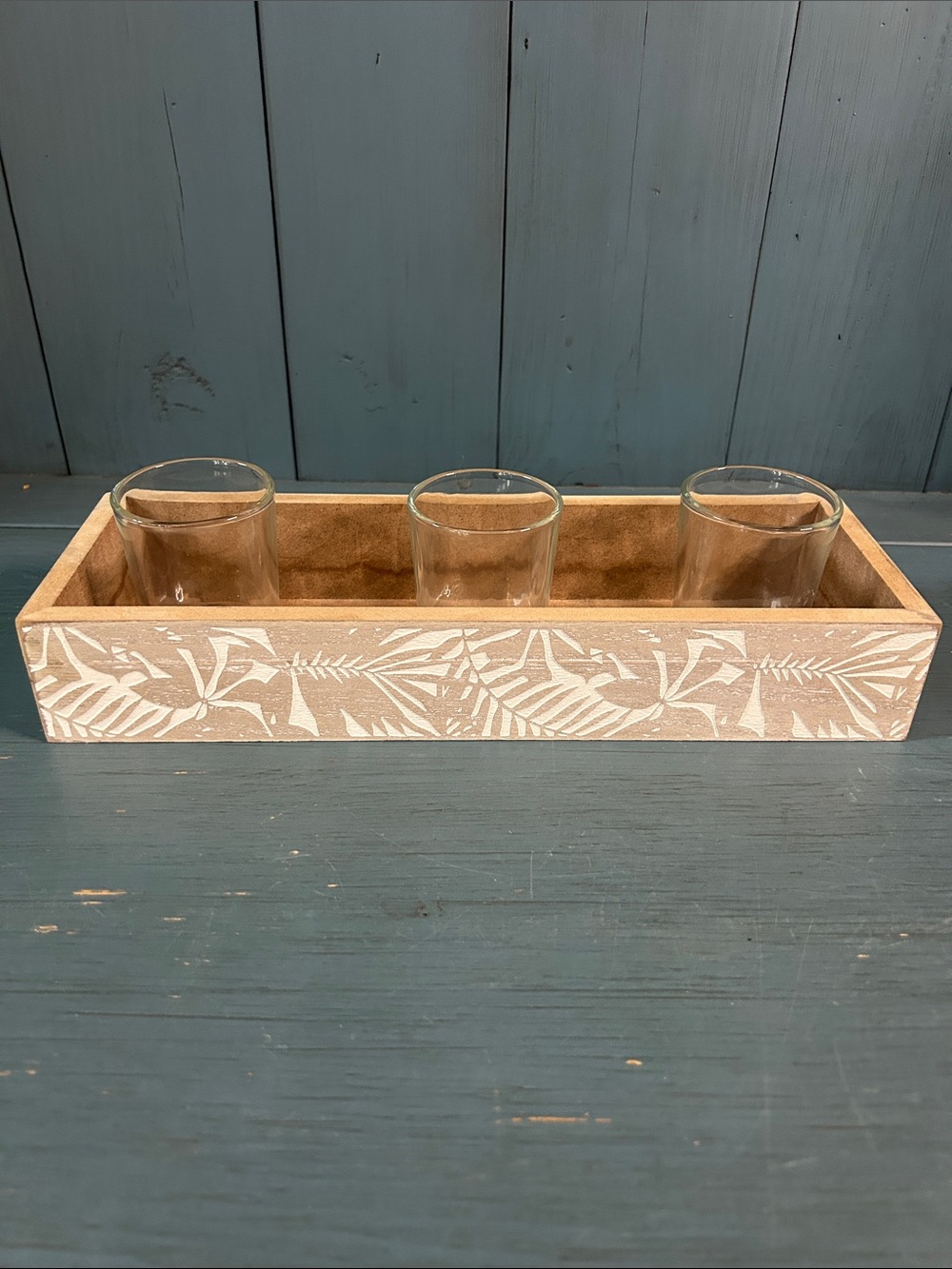 Wooden Decorative Tray with Three Glass Holders - Natural Candle Holder